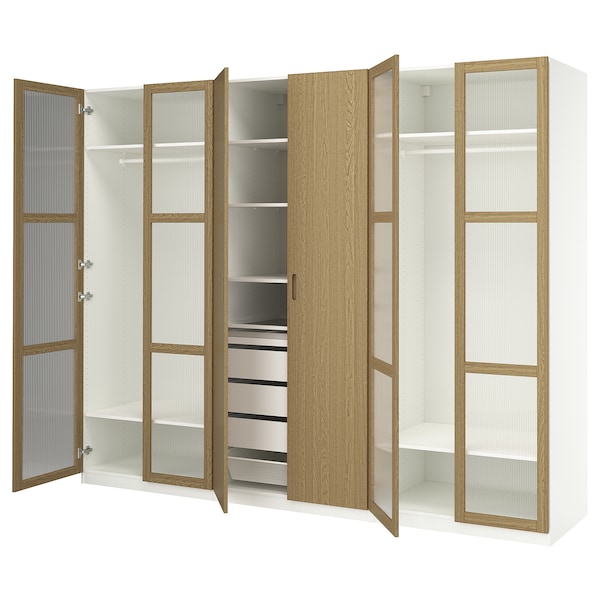 PAX / TONSTAD - Wardrobe combination, white/glass oak veneer,300x60x236 cm