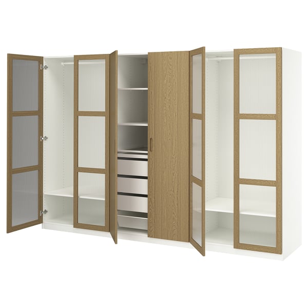 PAX / TONSTAD wardrobe combination, white/oak veneer glass, 300x60x201 cm