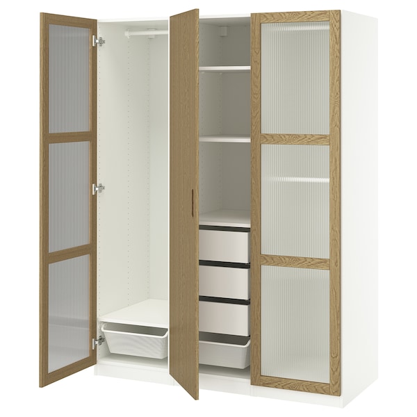 PAX / TONSTAD - Wardrobe combination, white/glass oak veneer,150x60x201 cm