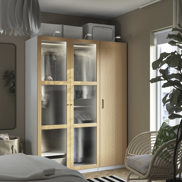PAX / TONSTAD wardrobe combination, white/oak veneer glass, 150x60x201 cm