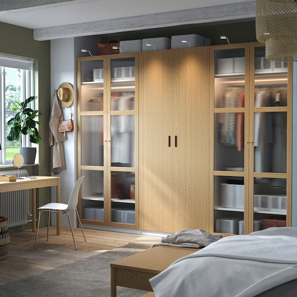 PAX / TONSTAD - Wardrobe combination, white/glass oak veneer,300x60x236 cm