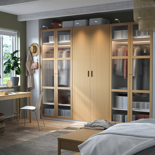 PAX / TONSTAD wardrobe combination, white/oak veneer glass, 300x60x236 cm