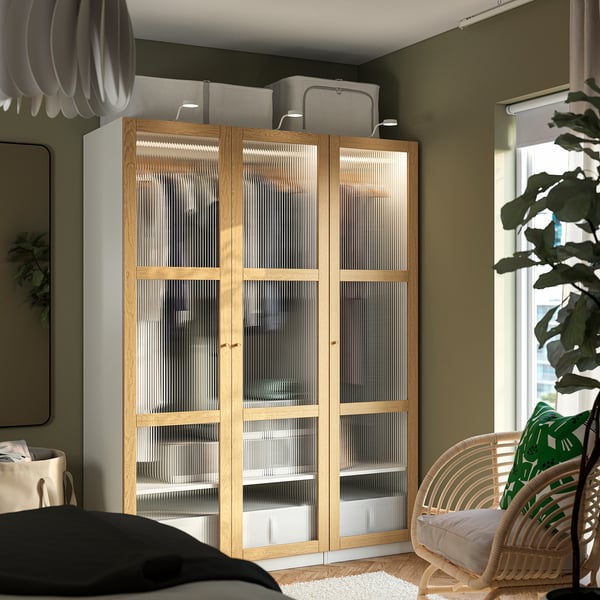 PAX / TONSTAD wardrobe combination, white/oak veneer glass, 150x60x201 cm