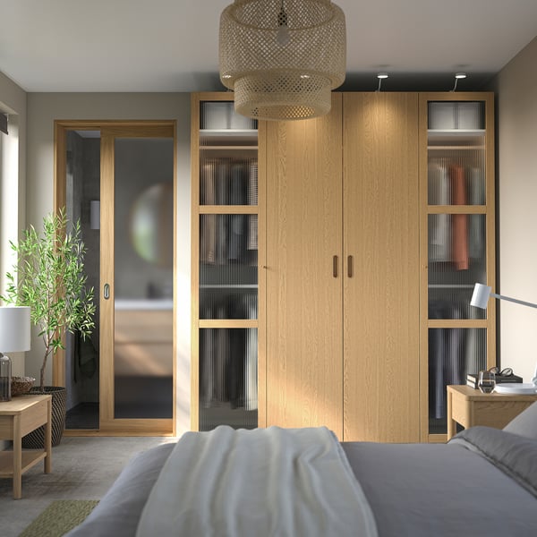 PAX / TONSTAD wardrobe combination, white/oak veneer glass, 200x60x236 cm