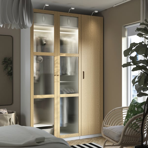 PAX / TONSTAD wardrobe combination, white/oak veneer glass, 150x60x236 cm