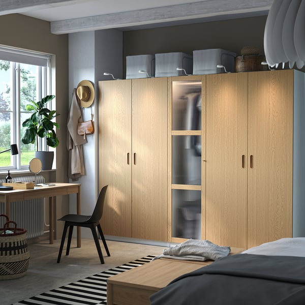 PAX / TONSTAD wardrobe combination, white/oak veneer glass, 250x60x201 cm