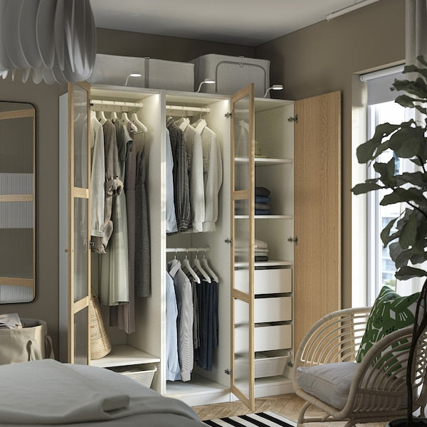 PAX / TONSTAD - Wardrobe combination, white/glass oak veneer,150x60x201 cm