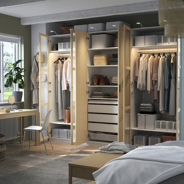 PAX / TONSTAD - Wardrobe combination, white/glass oak veneer,300x60x236 cm