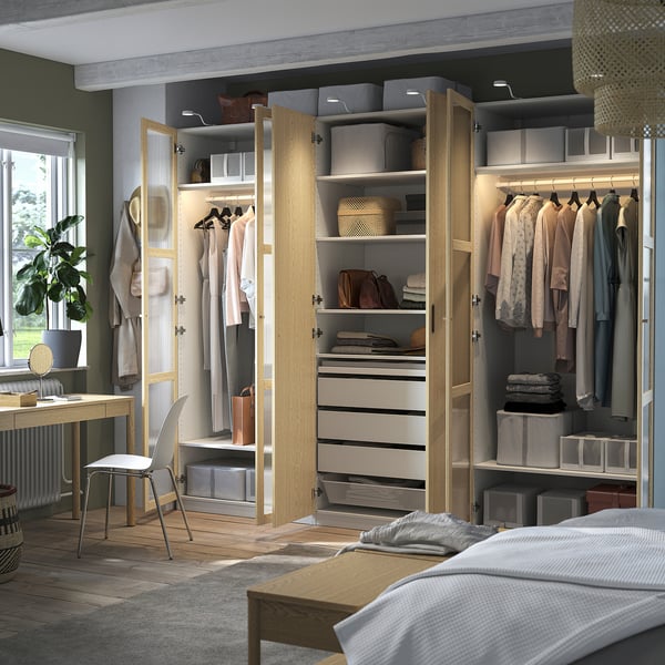 PAX / TONSTAD wardrobe combination, white/oak veneer glass, 300x60x236 cm