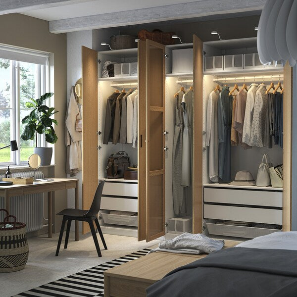 PAX / TONSTAD - Wardrobe combination, white/glass oak veneer,250x60x236 cm