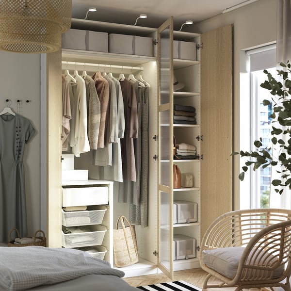 PAX / TONSTAD wardrobe combination, white/oak veneer glass, 150x60x236 cm