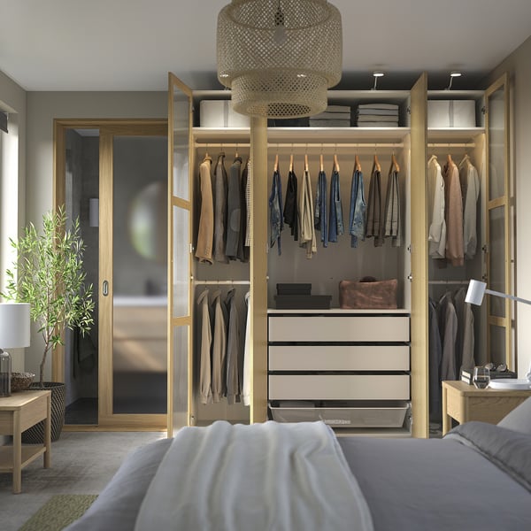 PAX / TONSTAD wardrobe combination, white/oak veneer glass, 200x60x236 cm