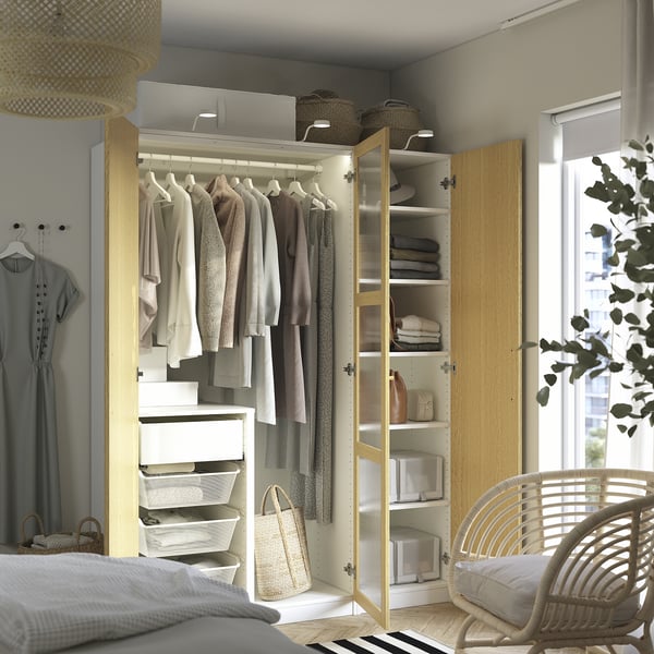 PAX / TONSTAD wardrobe combination, white/oak veneer glass, 150x60x201 cm