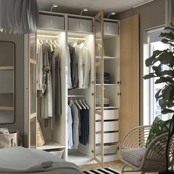 PAX / TONSTAD wardrobe combination, white/oak veneer glass, 150x60x236 cm