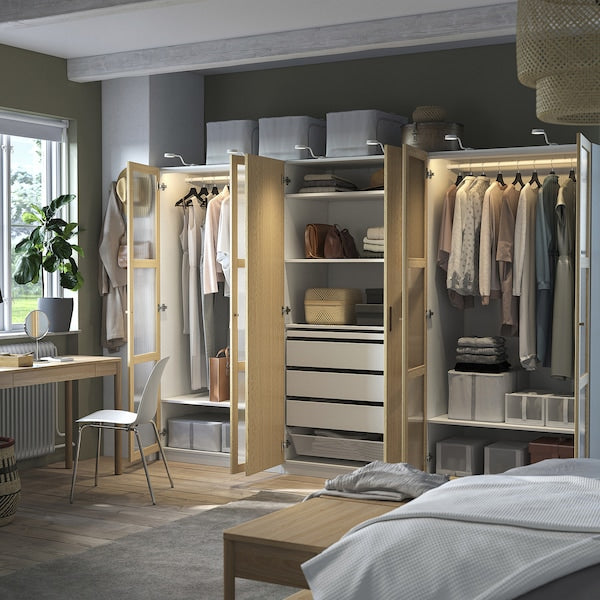 PAX / TONSTAD - Wardrobe combination, white/glass oak veneer,300x60x201 cm