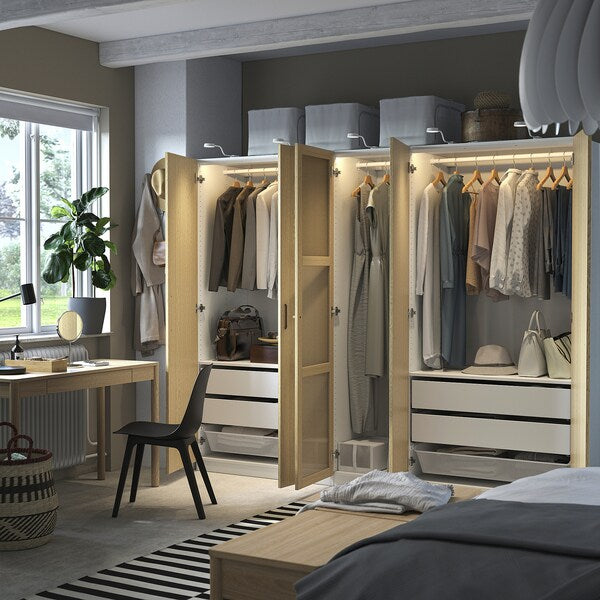 PAX / TONSTAD - Wardrobe combination, white/glass oak veneer,250x60x201 cm