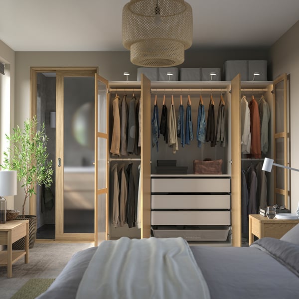 PAX / TONSTAD wardrobe combination, white/oak veneer glass, 200x60x201 cm