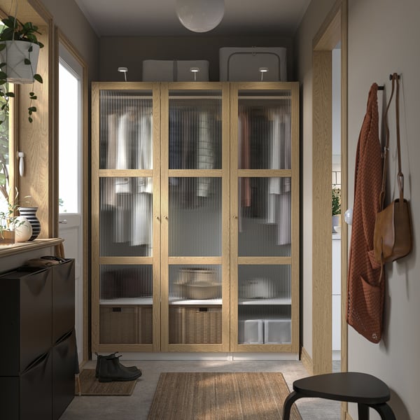 PAX / TONSTAD wardrobe combination, white/oak veneer glass, 150x60x201 cm