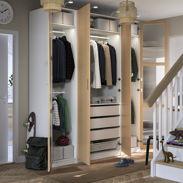 PAX / TONSTAD wardrobe combination, white/oak veneer glass, 200x60x236 cm