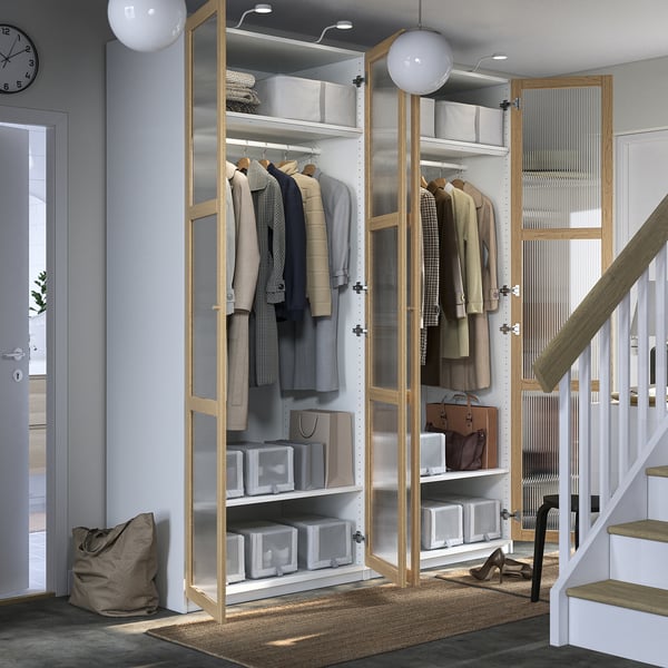 PAX / TONSTAD wardrobe combination, white/oak veneer glass, 200x60x236 cm