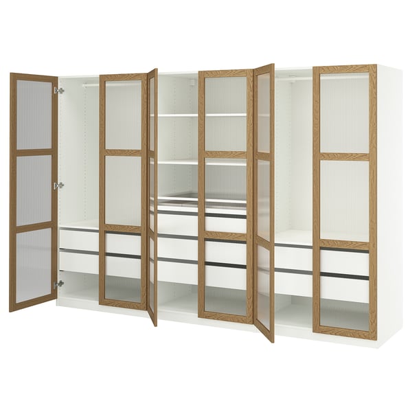 PAX / TONSTAD wardrobe combination, white/oak veneer glass, 300x60x201 cm