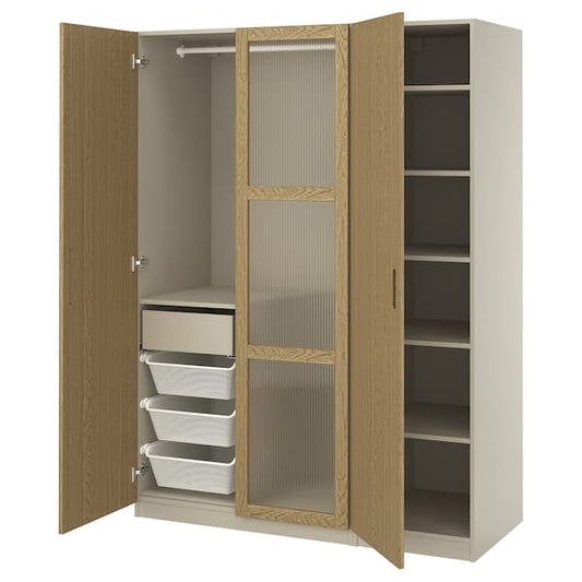 Ikea PAX / TONSTAD - Wardrobe combination, grey-beige/oak veneer glass, 150x60x201 cm