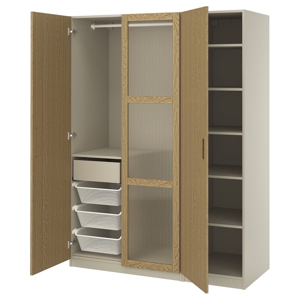 PAX / TONSTAD wardrobe combination, grey-beige/oak veneer glass, 150x60x201 cm