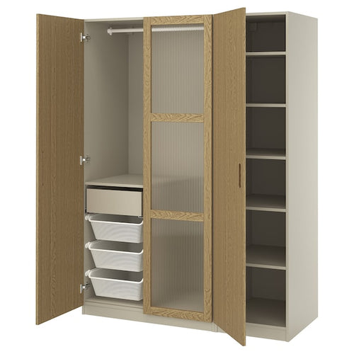 PAX / TONSTAD - Wardrobe combination, grey-beige/oak veneer glass, 150x60x201 cm