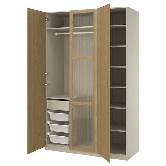 Ikea PAX / TONSTAD - Wardrobe combination, grey-beige/oak veneer glass, 150x60x236 cm