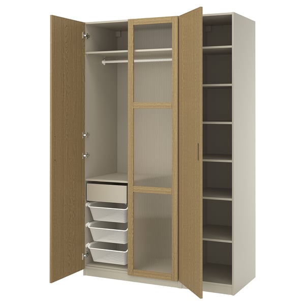 PAX / TONSTAD wardrobe combination, grey-beige/oak veneer glass, 150x60x236 cm