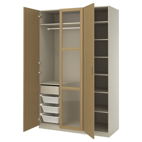 PAX / TONSTAD - Wardrobe combination, grey-beige/oak veneer glass, 150x60x236 cm