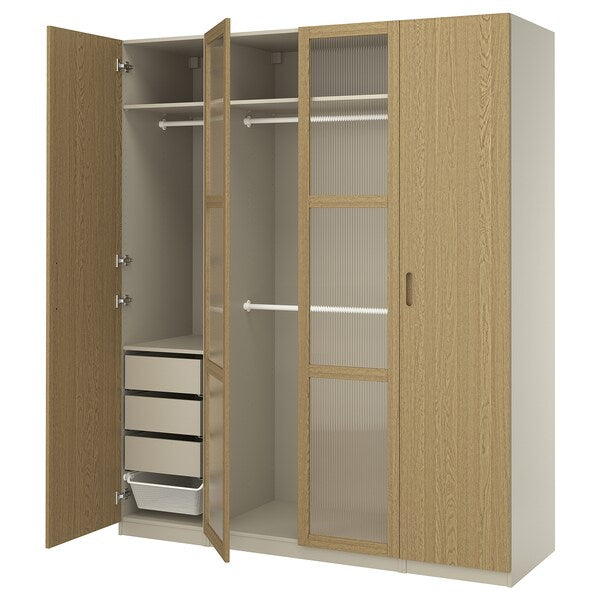 PAX / TONSTAD - Wardrobe combination, grey-beige/oak veneer glass, 200x60x236 cm