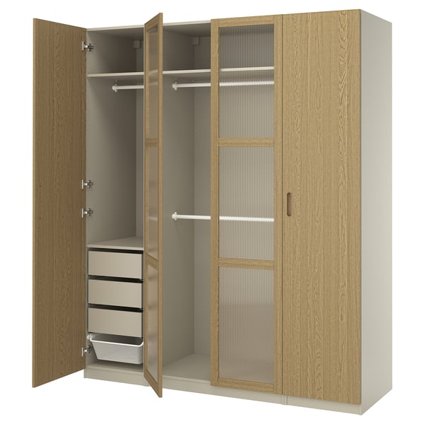 PAX / TONSTAD - PAX / TONSTAD Wardrobe combination, grey-beige/oak veneer glass, 200x60x236 cm