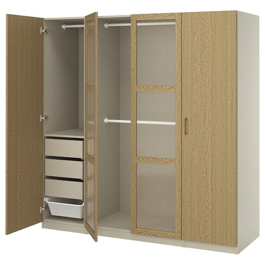 Ikea PAX / TONSTAD - Wardrobe combination, grey-beige/oak veneer glass, 200x60x201 cm