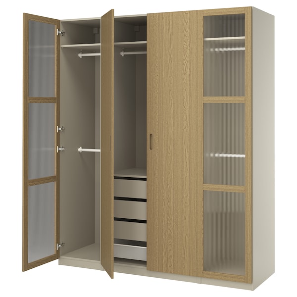 PAX / TONSTAD - Wardrobe combination, grey-beige/oak veneer glass, 200x60x236 cm