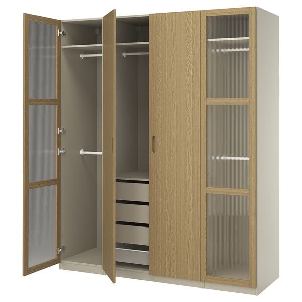 PAX / TONSTAD wardrobe combination, grey-beige/oak veneer glass, 200x60x236 cm