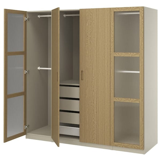 Ikea PAX / TONSTAD - Wardrobe combination, grey-beige/oak veneer glass, 200x60x201 cm