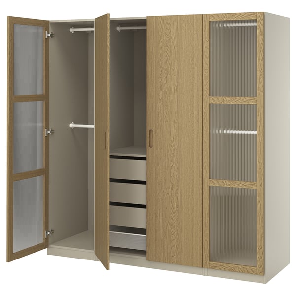 PAX / TONSTAD wardrobe combination, grey-beige/oak veneer glass, 200x60x201 cm