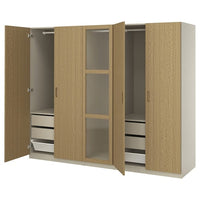 PAX / TONSTAD wardrobe combination, grey-beige/oak veneer glass, 250x60x201 cm