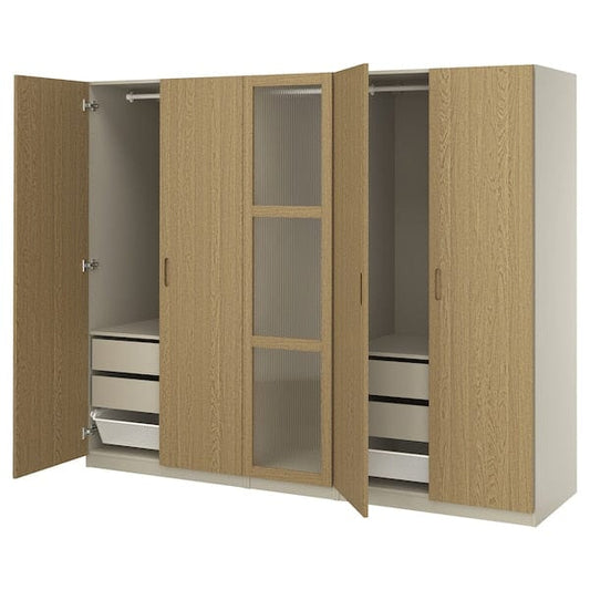 Ikea PAX / TONSTAD - Wardrobe combination, grey-beige/oak veneer glass, 250x60x201 cm