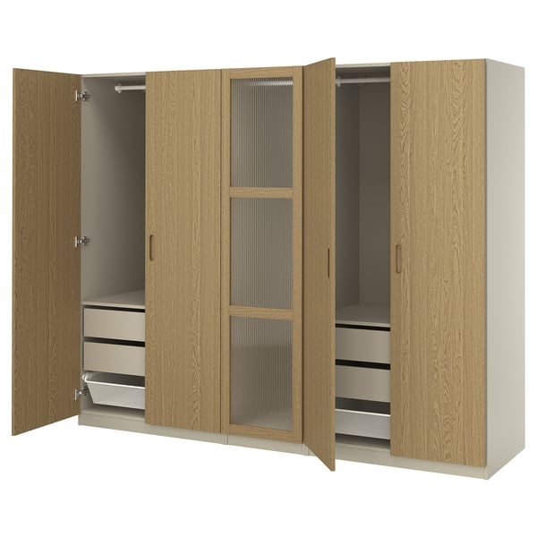 PAX / TONSTAD wardrobe combination, grey-beige/oak veneer glass, 250x60x201 cm