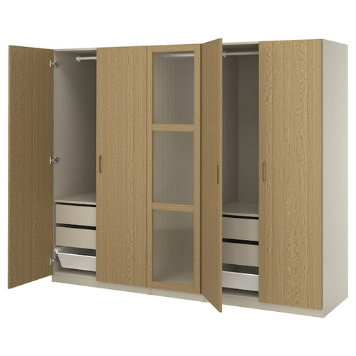 PAX / TONSTAD - Wardrobe combination, grey-beige/oak veneer glass, 250x60x201 cm