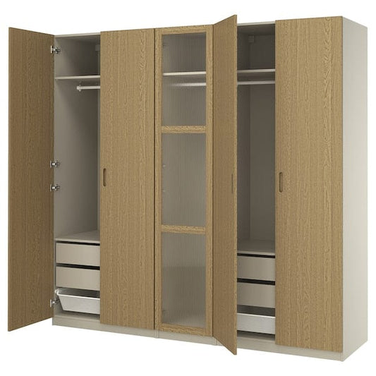 Ikea PAX / TONSTAD - Wardrobe combination, grey-beige/oak veneer glass, 250x60x236 cm