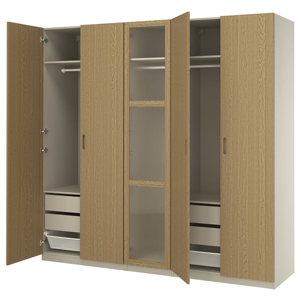 PAX / TONSTAD wardrobe combination, grey-beige/oak veneer glass, 250x60x236 cm