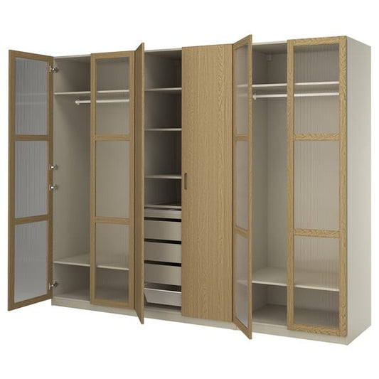 Ikea PAX / TONSTAD - Wardrobe combination, grey-beige/oak veneer glass, 300x60x236 cm