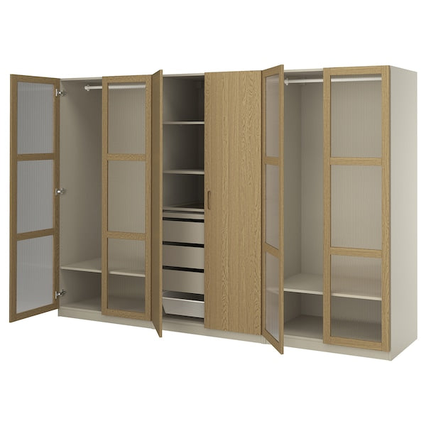 PAX / TONSTAD - Wardrobe combination, grey-beige/oak veneer glass, 300x60x201 cm