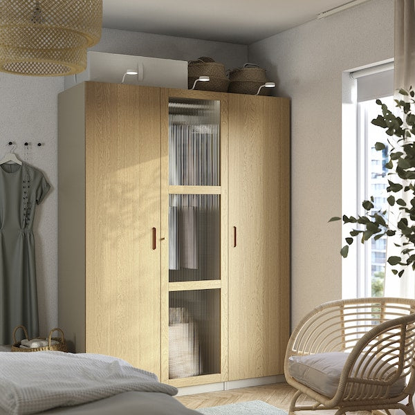 PAX / TONSTAD - Wardrobe combination, grey-beige/oak veneer glass, 150x60x201 cm