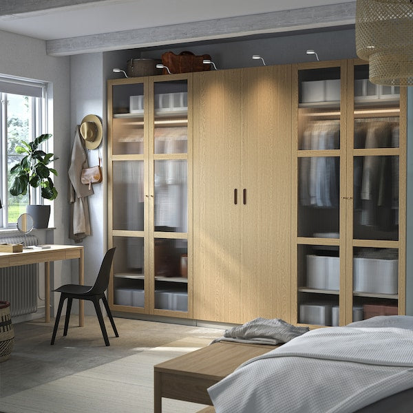 PAX / TONSTAD - Wardrobe combination, grey-beige/oak veneer glass, 300x60x236 cm