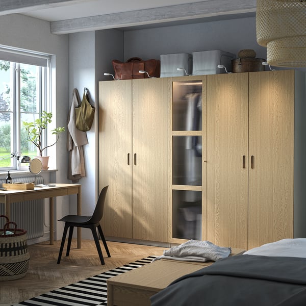 PAX / TONSTAD wardrobe combination, grey-beige/oak veneer glass, 250x60x201 cm