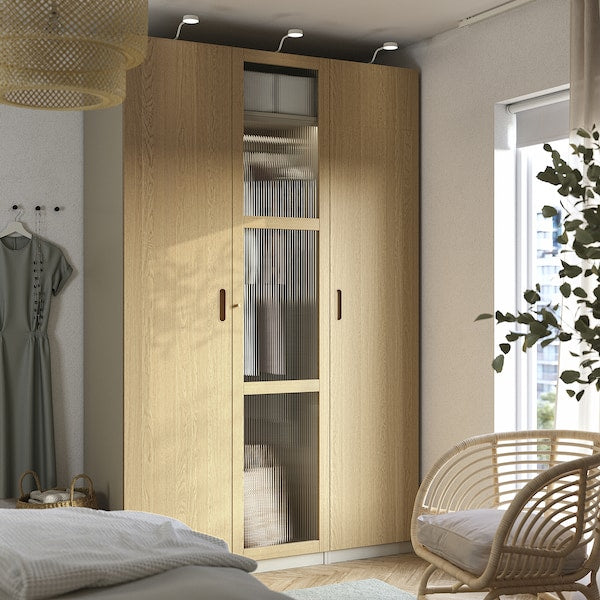 PAX / TONSTAD - Wardrobe combination, grey-beige/oak veneer glass, 150x60x236 cm